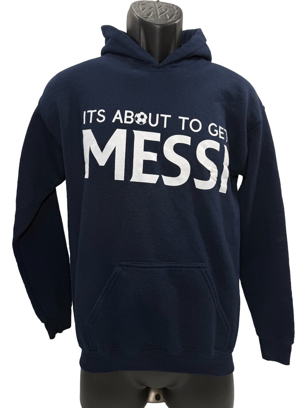 “It's About To Get Messi” Soccer Hoodie Youth XL Navy Blue Sweatshirt Gildan